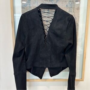 Free People Cutout Lace Tie Up Black Blazer Moto Biker Boho Stretch 2 | C267